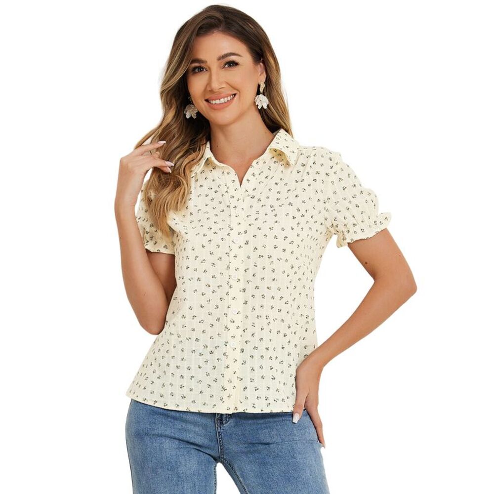 Cotton Frilled Top Turndown Collar Blossoms Blouse Shirt Brown Floral